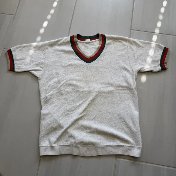 Vntg 70s Terry Cloth V-Neck Shirt Retro Athletic Stripe Tee M 38-40 USA Cotton - Picture 2 of 8